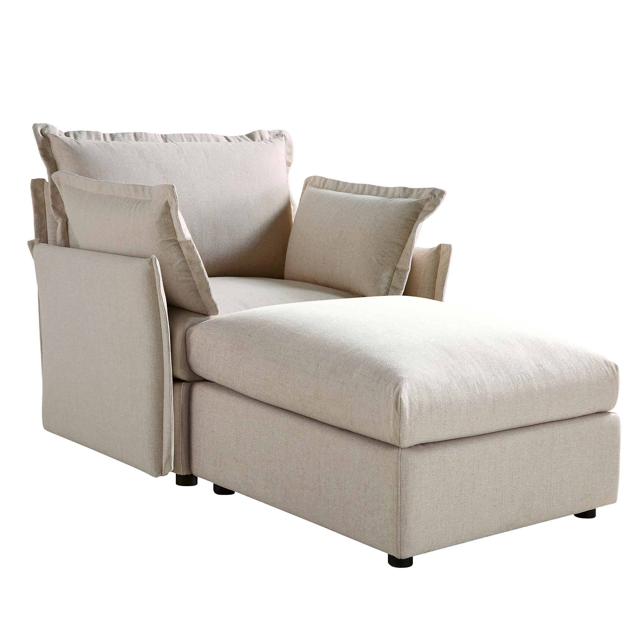 Pillow Edge Beige Fabric Sectional Sofa, 1-Seater Chaise