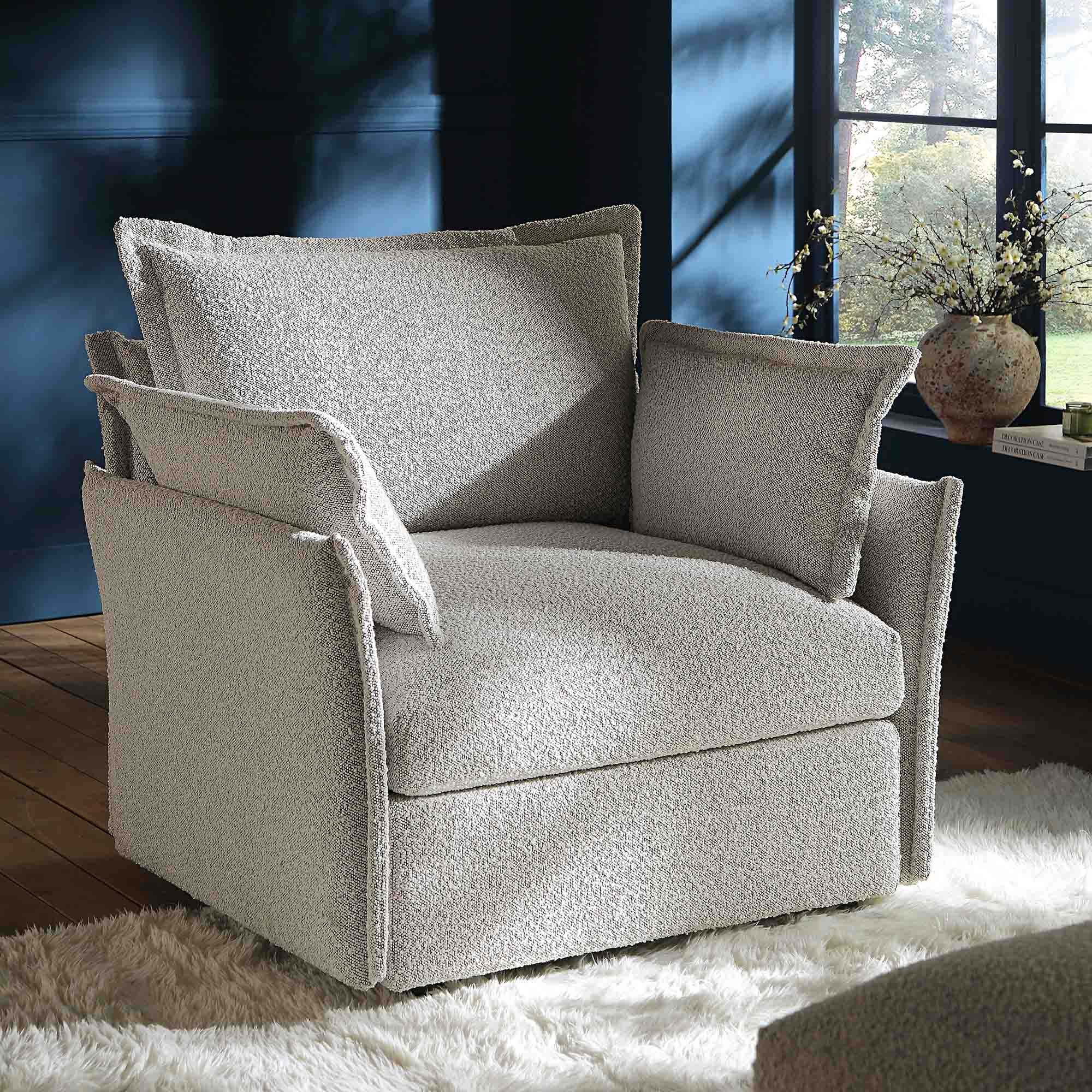 Pillow Edge Mist Gray Boucle Sectional Sofa, 1-Seater