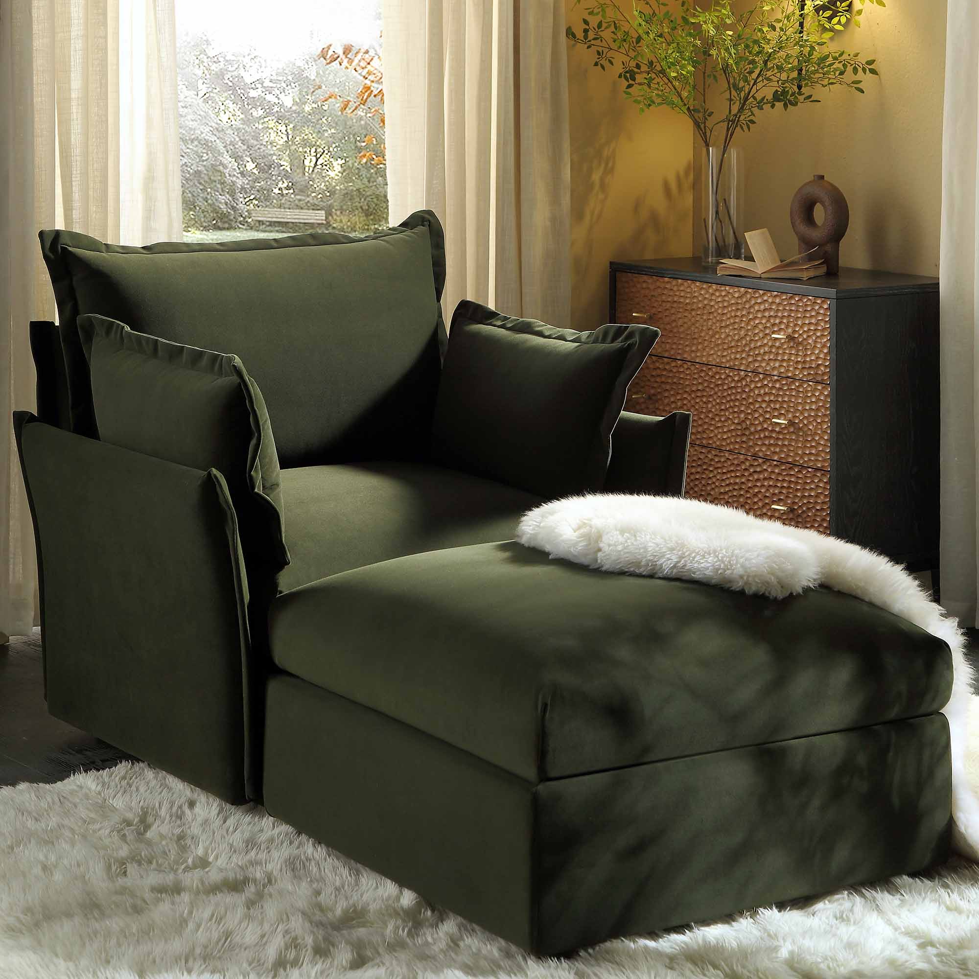 Pillow Edge Moss Green Velvet Sectional Sofa, 1-Seater Chaise