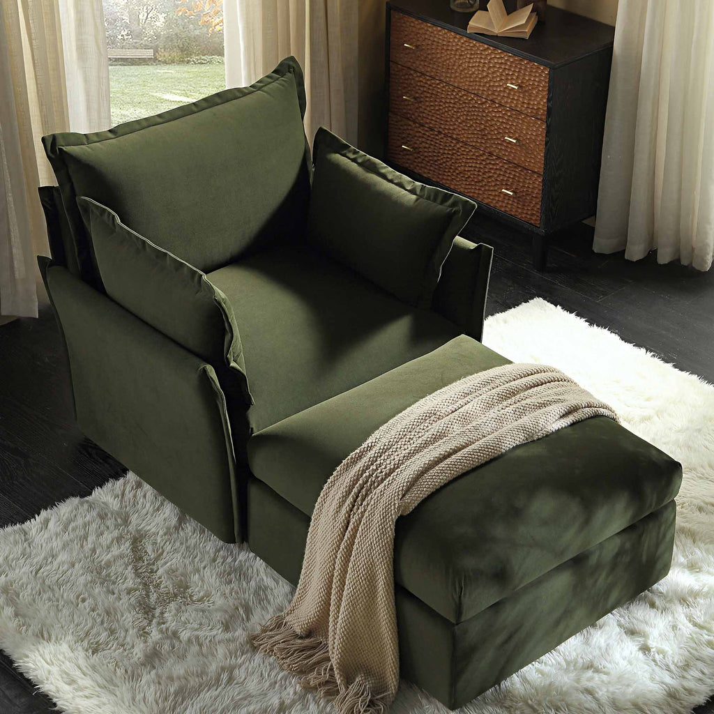 Pillow Edge Moss Green Velvet Sectional Sofa, 1-Seater Chaise