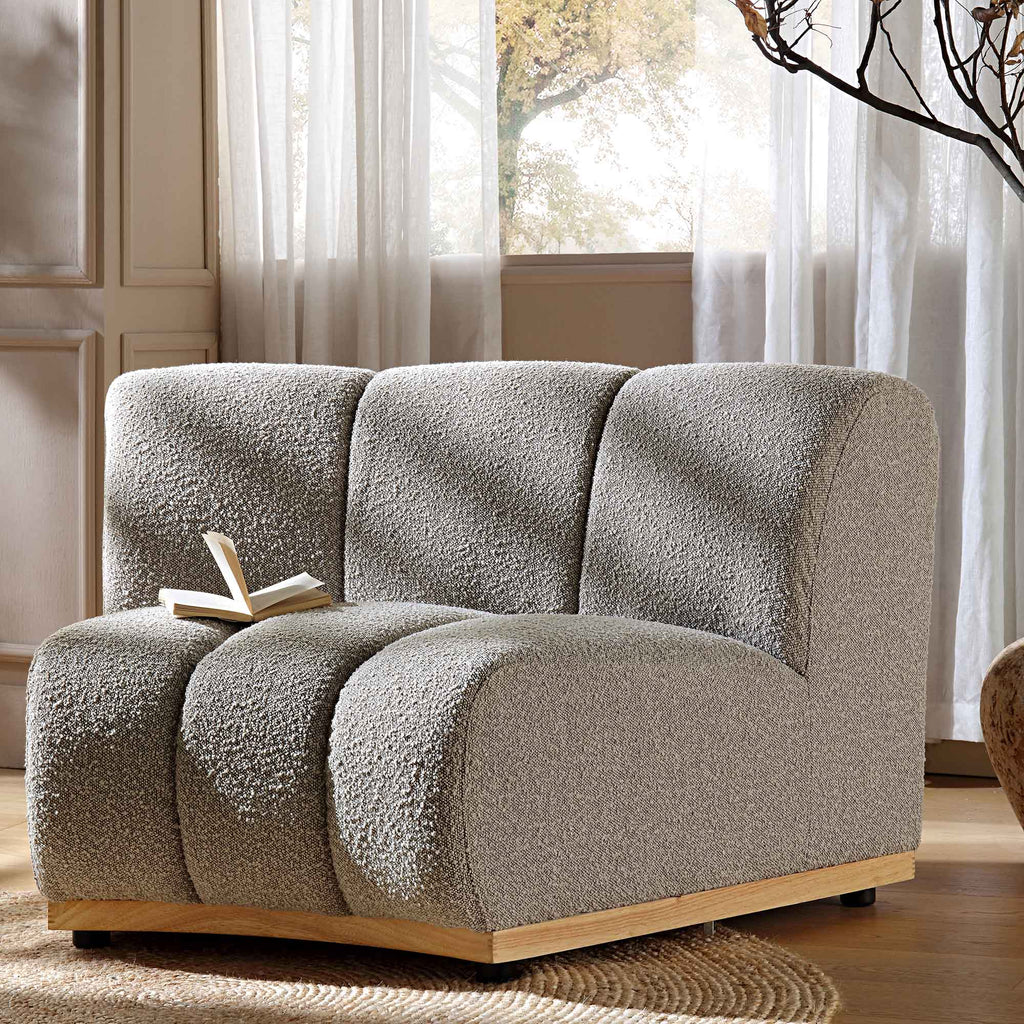 Taupe Boucle Sectional Sofa, 1-Seater Curved Sofa
