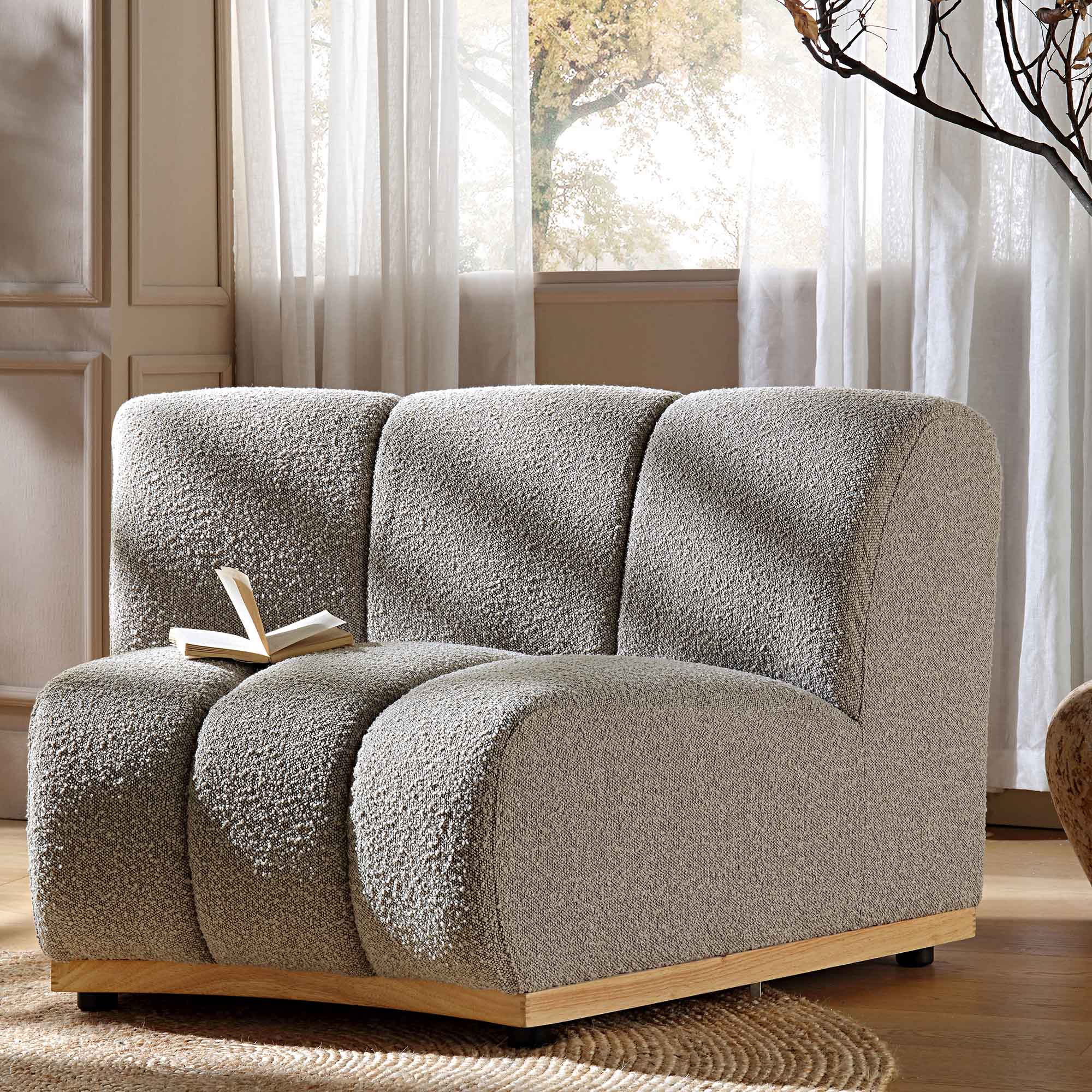 Taupe Boucle Sectional Sofa, 1-Seater Curved Sofa