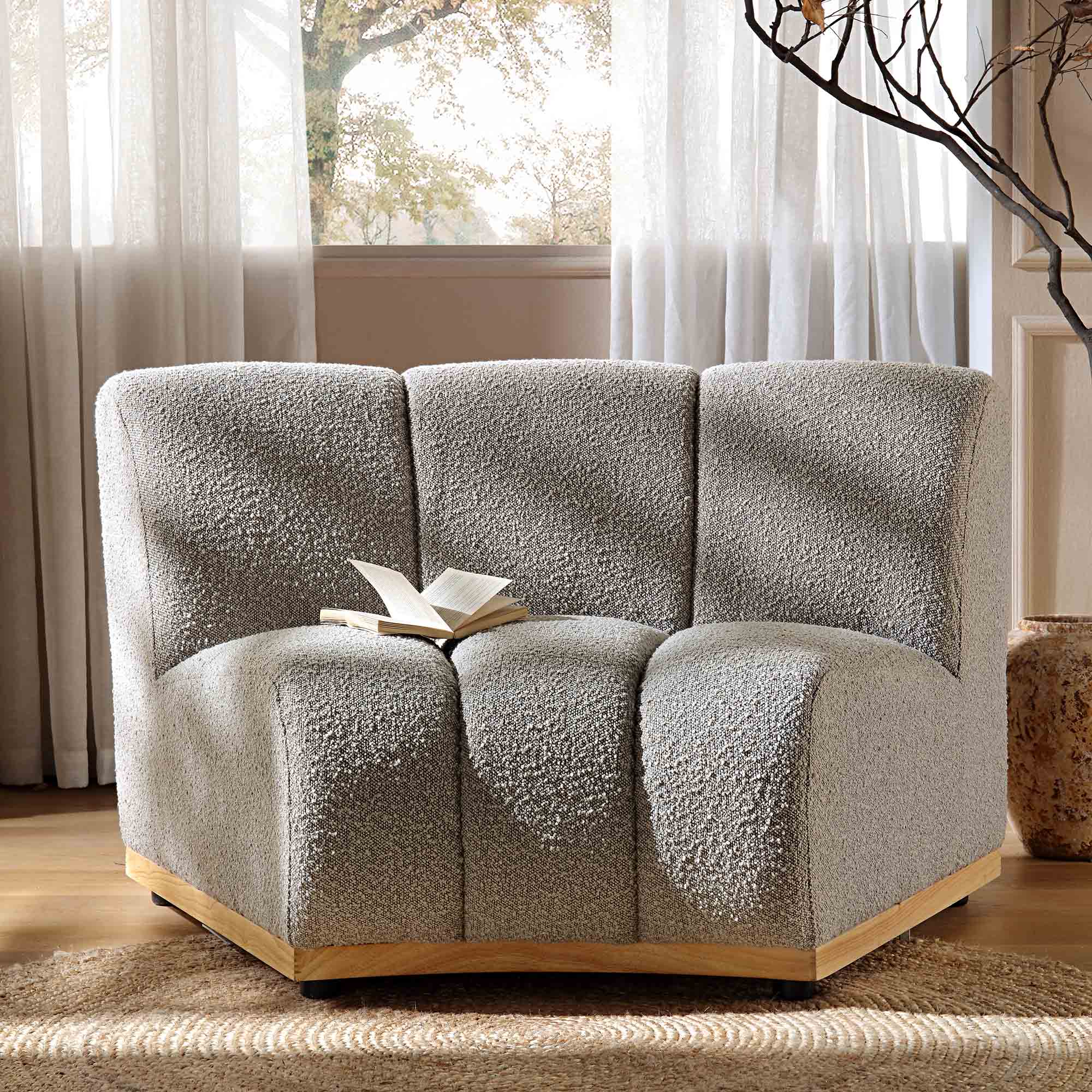 Taupe Boucle Sectional Sofa, 1-Seater Curved Sofa